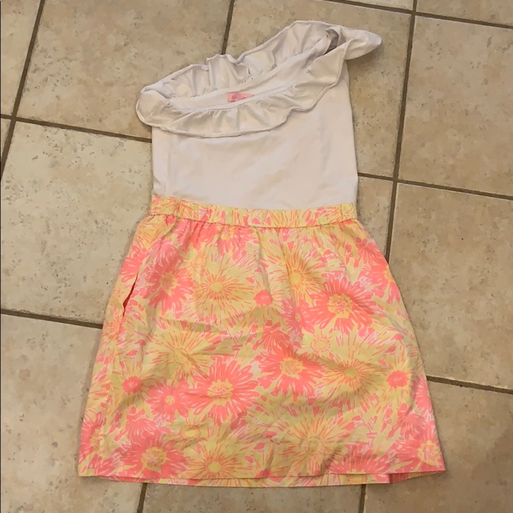 Lilly Pulitzer One-Shoulder White Top with Pink & Yellow Floral Skirt